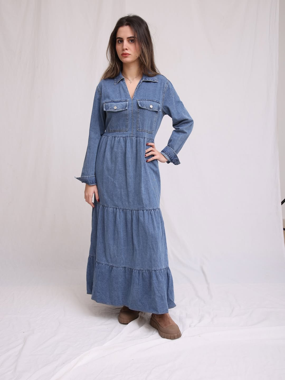 Tiered Denim Maxi Dress